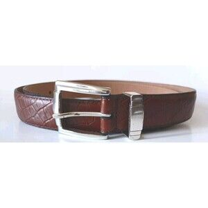 Tasso Elba Leather Belt Size 42 Brown Embossed Unisex Chrome Buckle Men Women